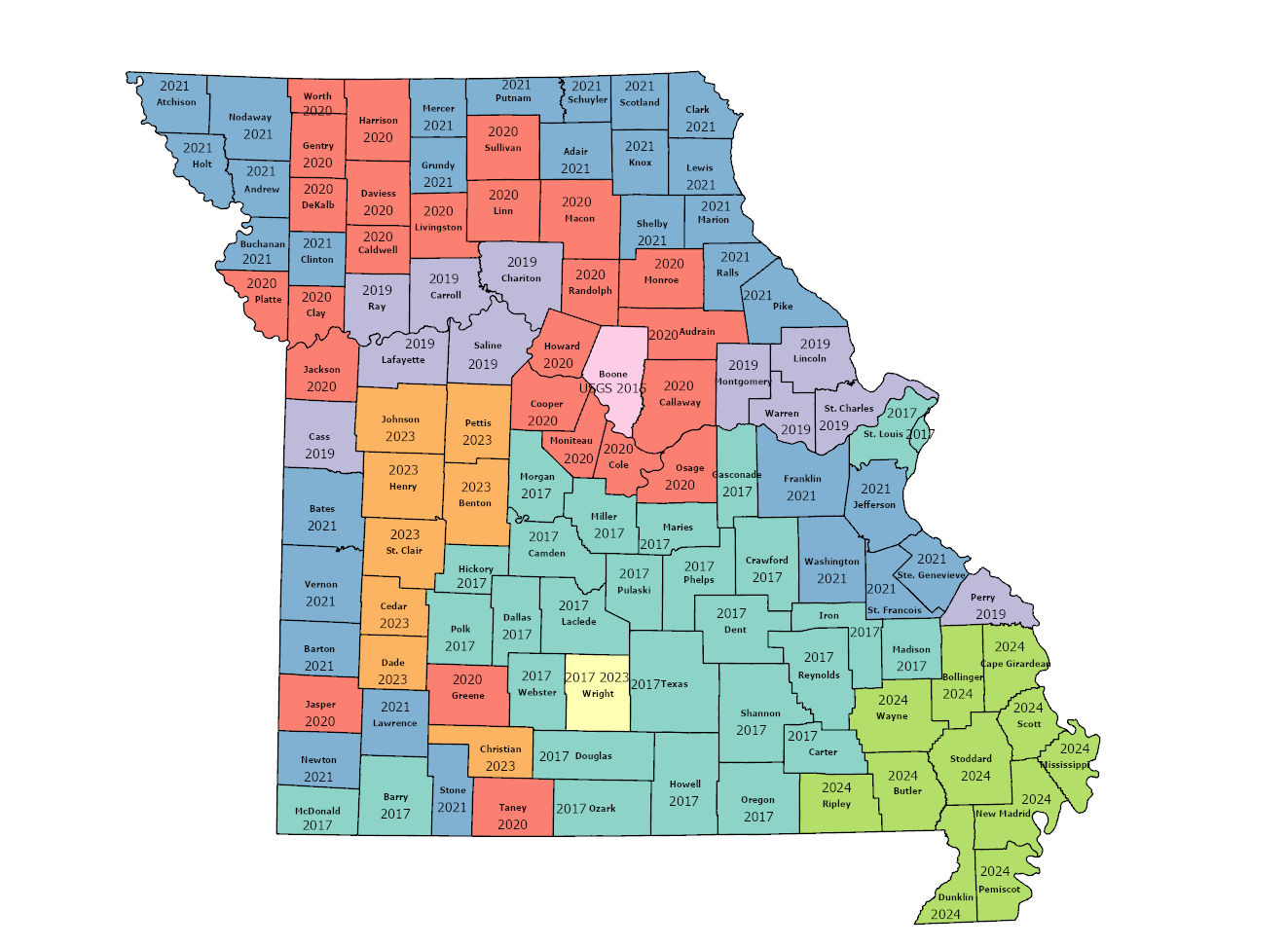 Latest Missouri LiDAR Acquisition Status Map